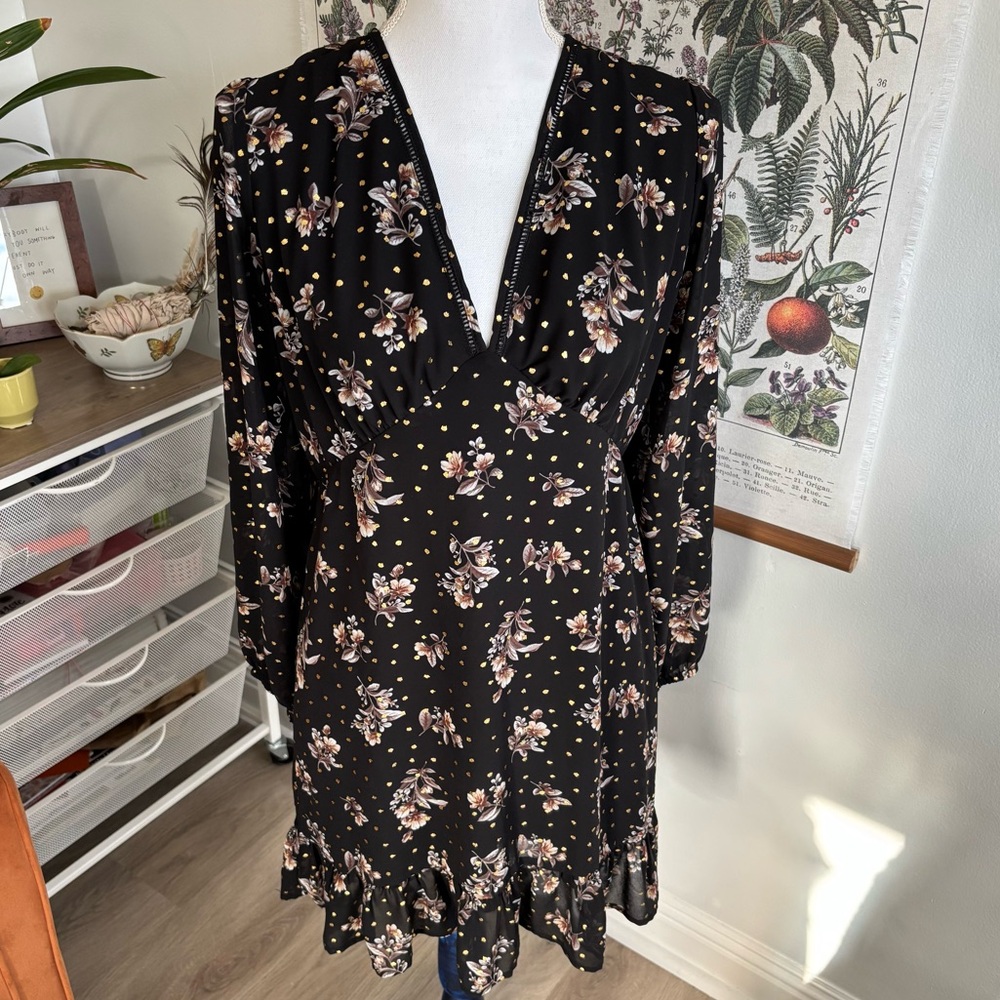 Floral Black Dress with Gold Polkadots Large